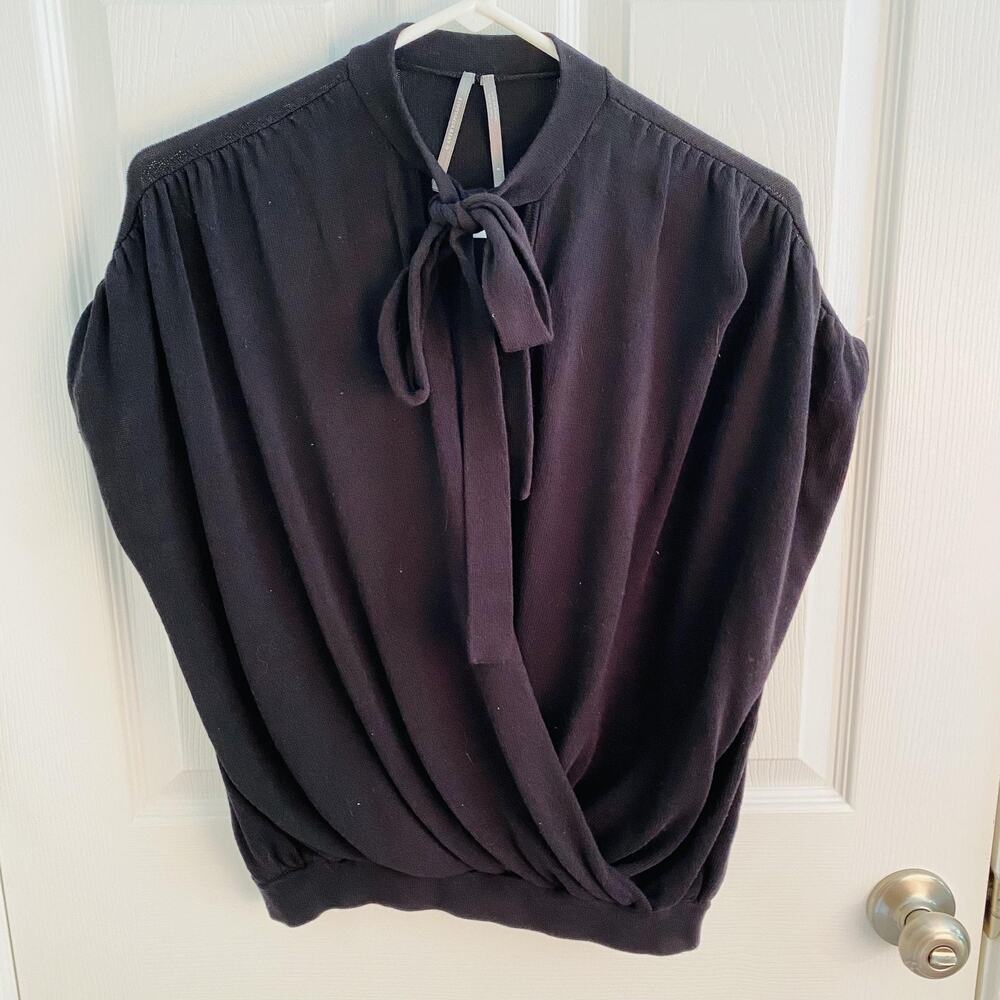 Anthropologie Blouse Womens Small Black Tie Neck Wrap Front Knit Top Surplice